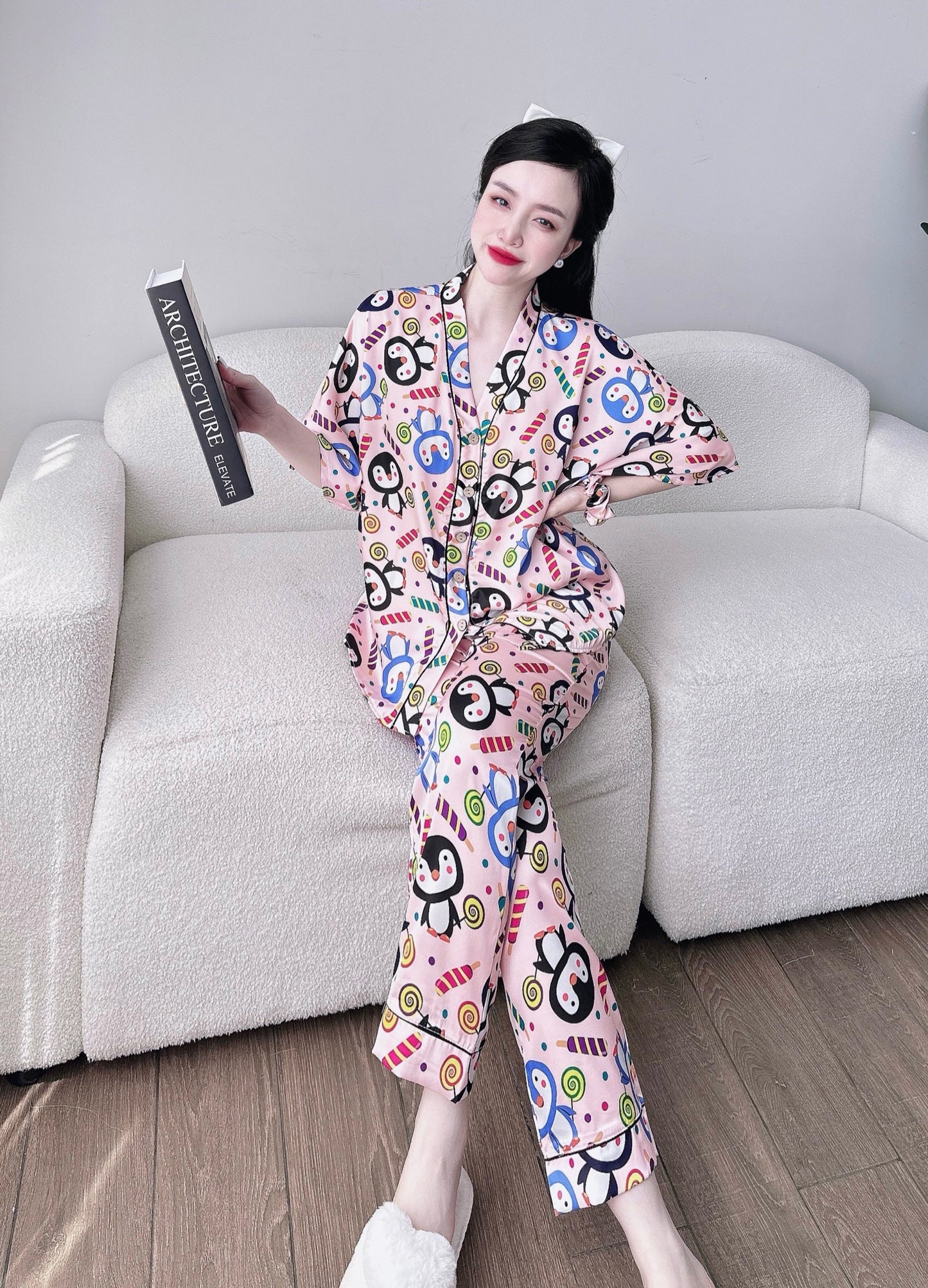 V Neck Penguin Satin Short Sleeve