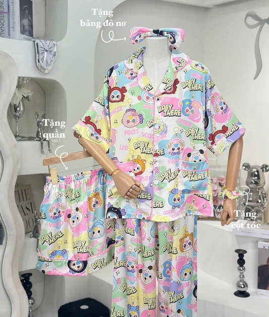 White Baby Three Satin Pajama Short Sleeve