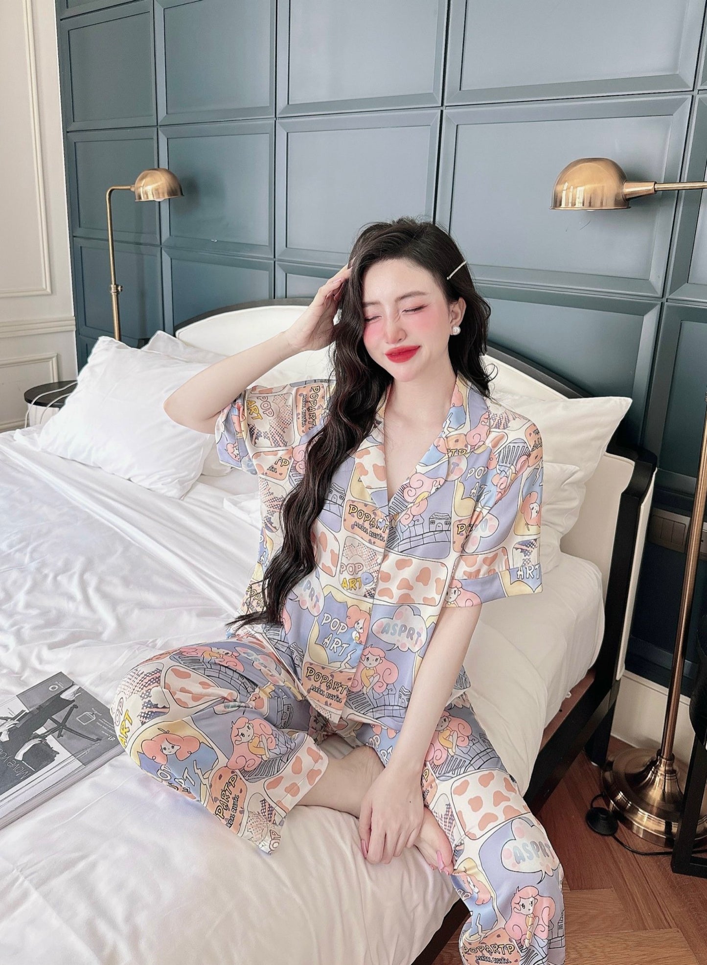 Petite Cute Pop Art Pattern Satin Pajama Short Sleeve