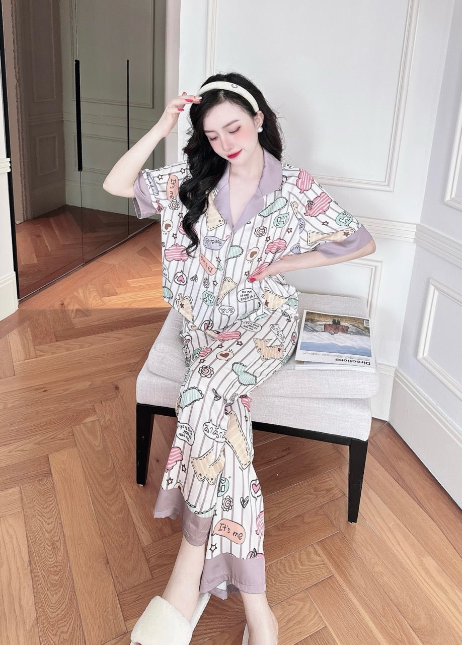 Petite Colorful Stickers Pattern Satin Pajama Short Sleeve