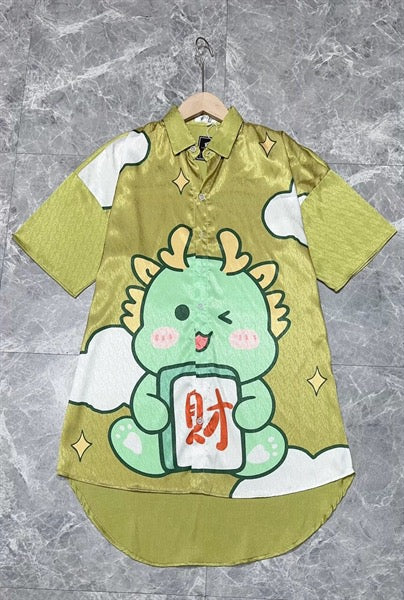 Green Baby Dragon Satin Dress