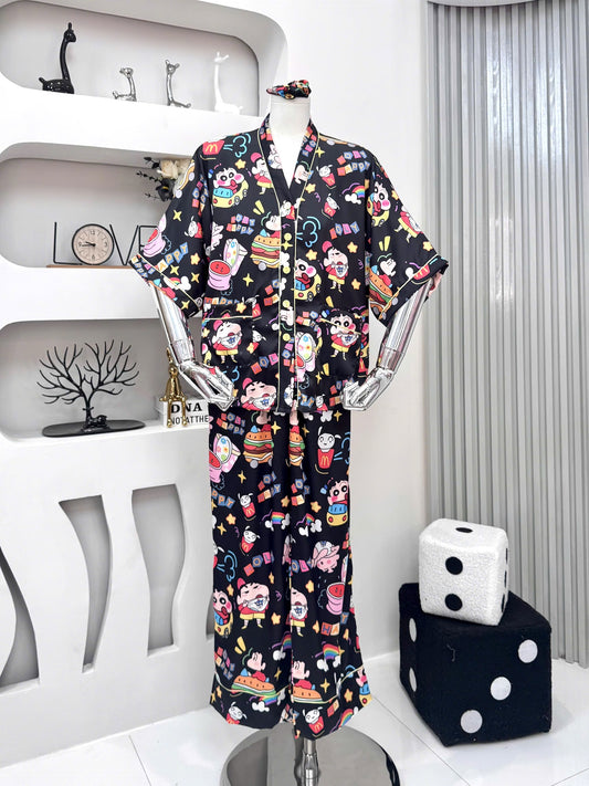 Black Shinchan Satin Pajama Short Sleeve