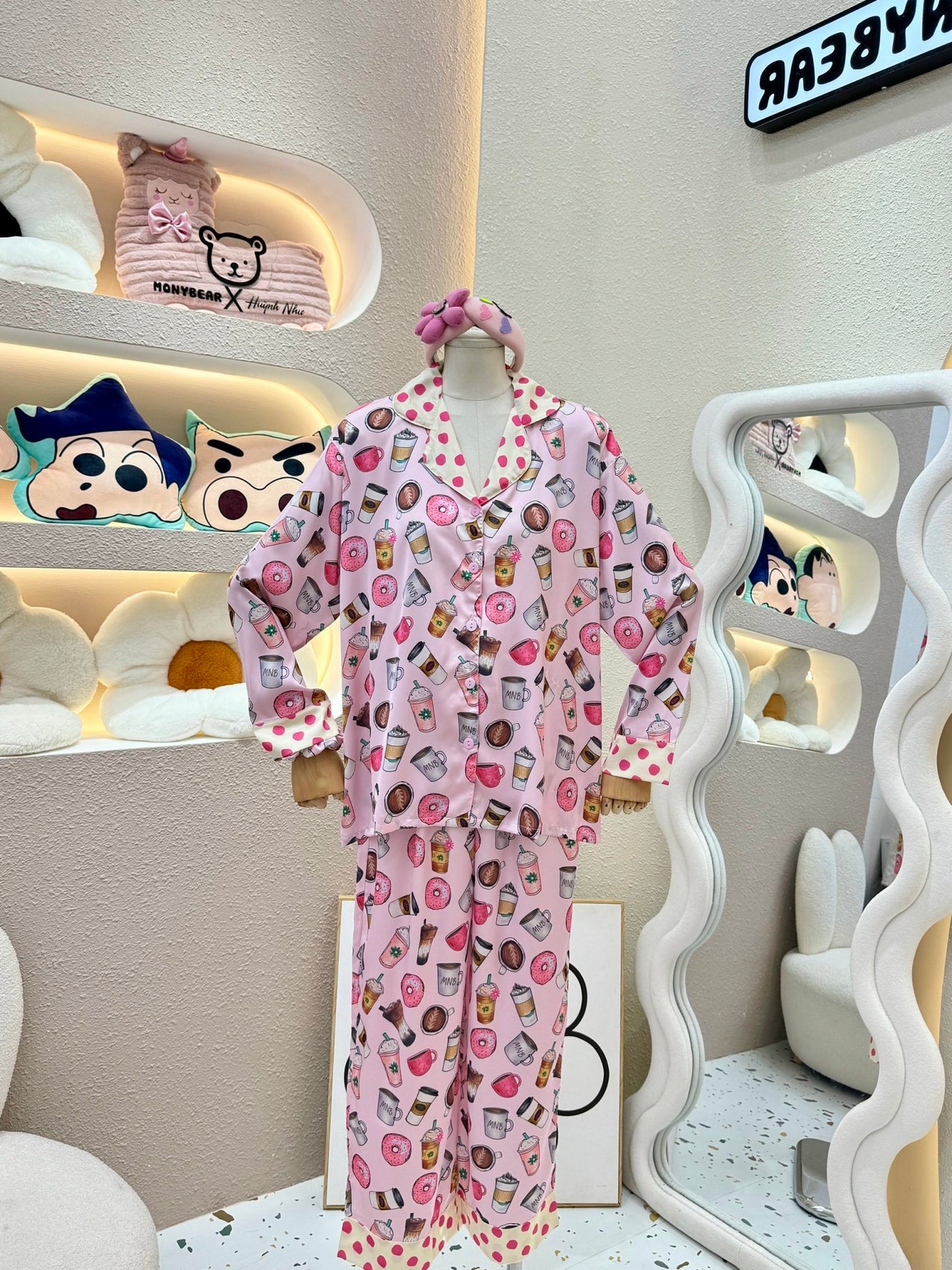 Pink Coffee Frap Donut Satin Pajama Long Sleeve