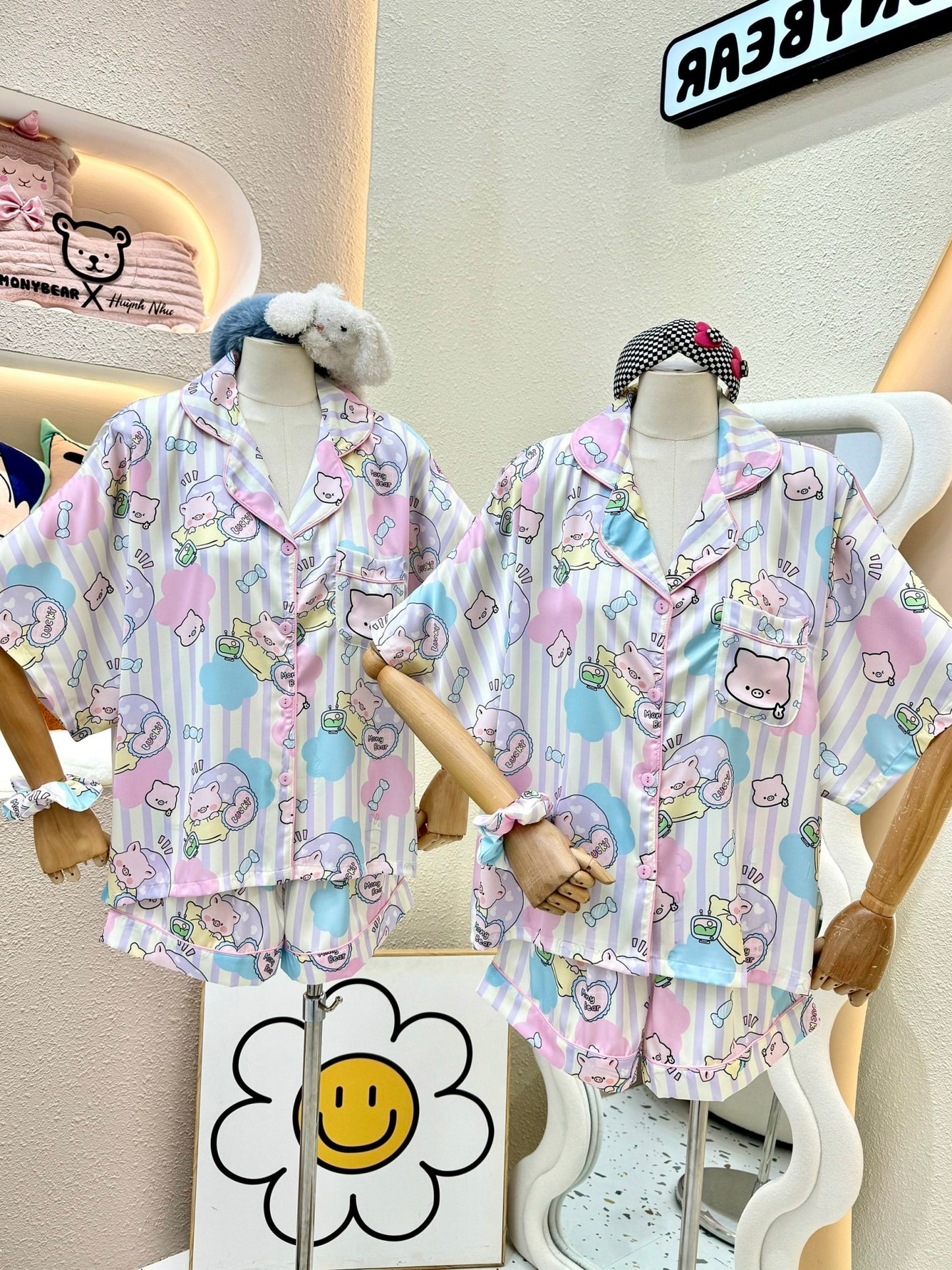 Purple Stripe Cotton Candy Sleeping Pig Satin Pajama Short Set