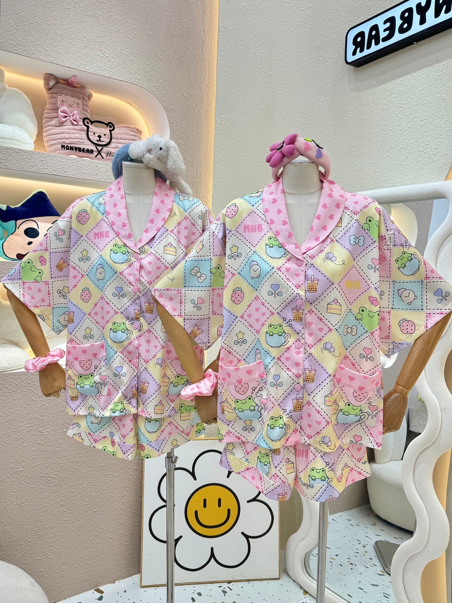 Pastel Frog Bubble Tea Satin Pajama Short Set