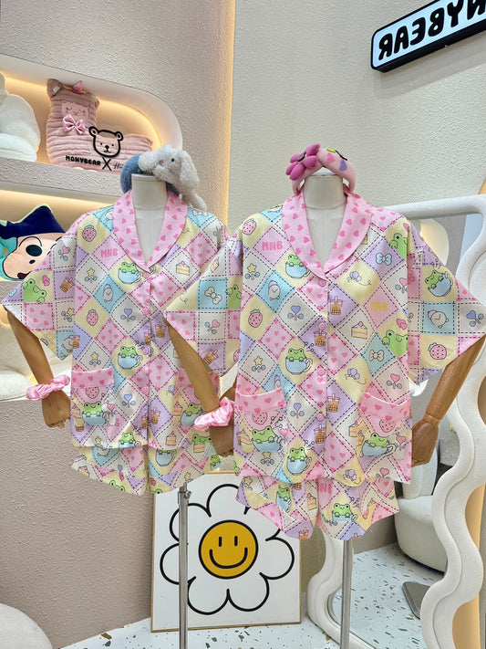 Pastel Frog Bubble Tea Satin Pajama Short Set