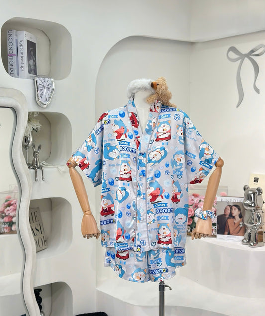 Gray Doraemon Satin V Neck Pajama Short Set