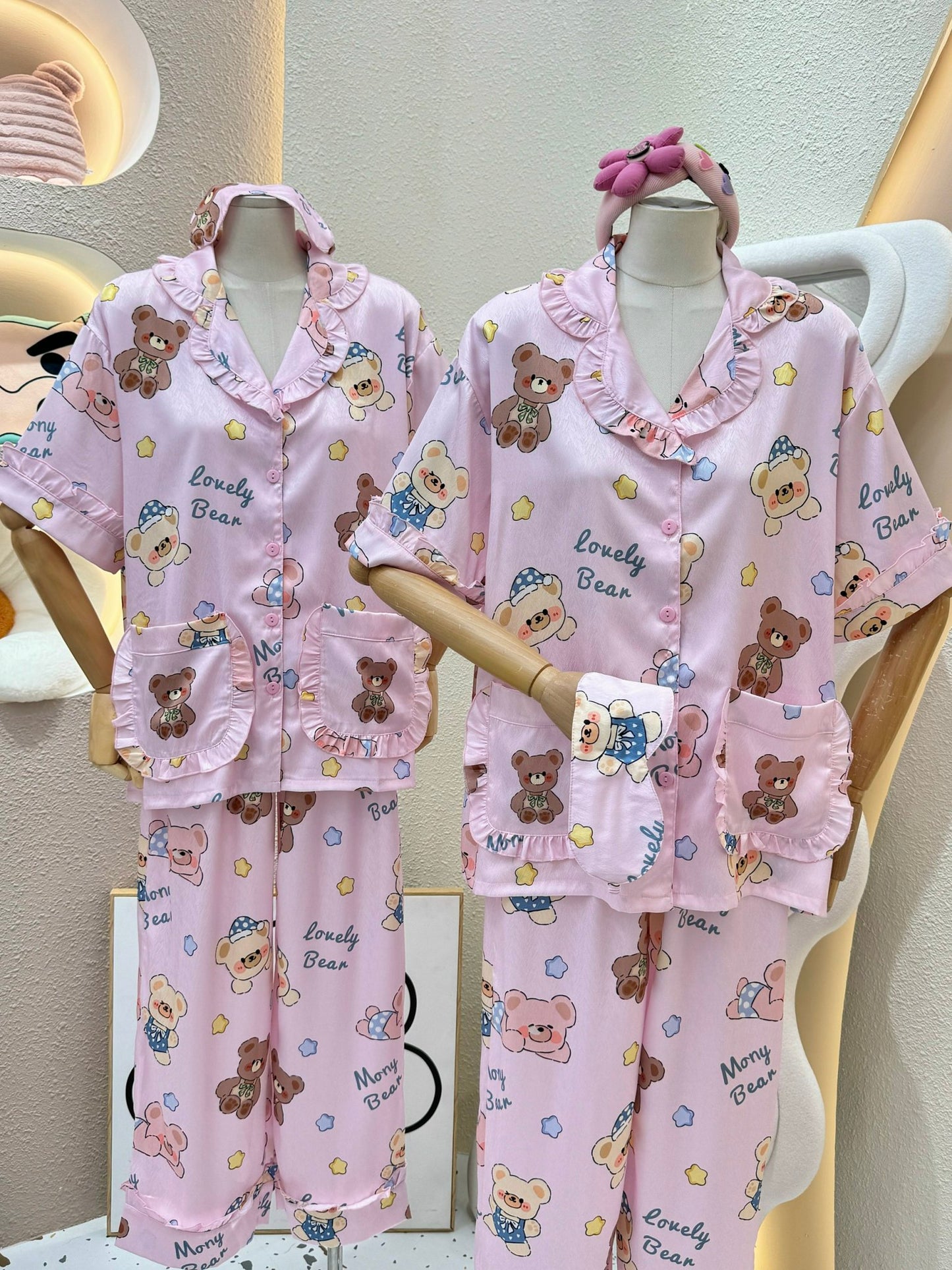 Pink Bear Satin Pajama Short Sleeve