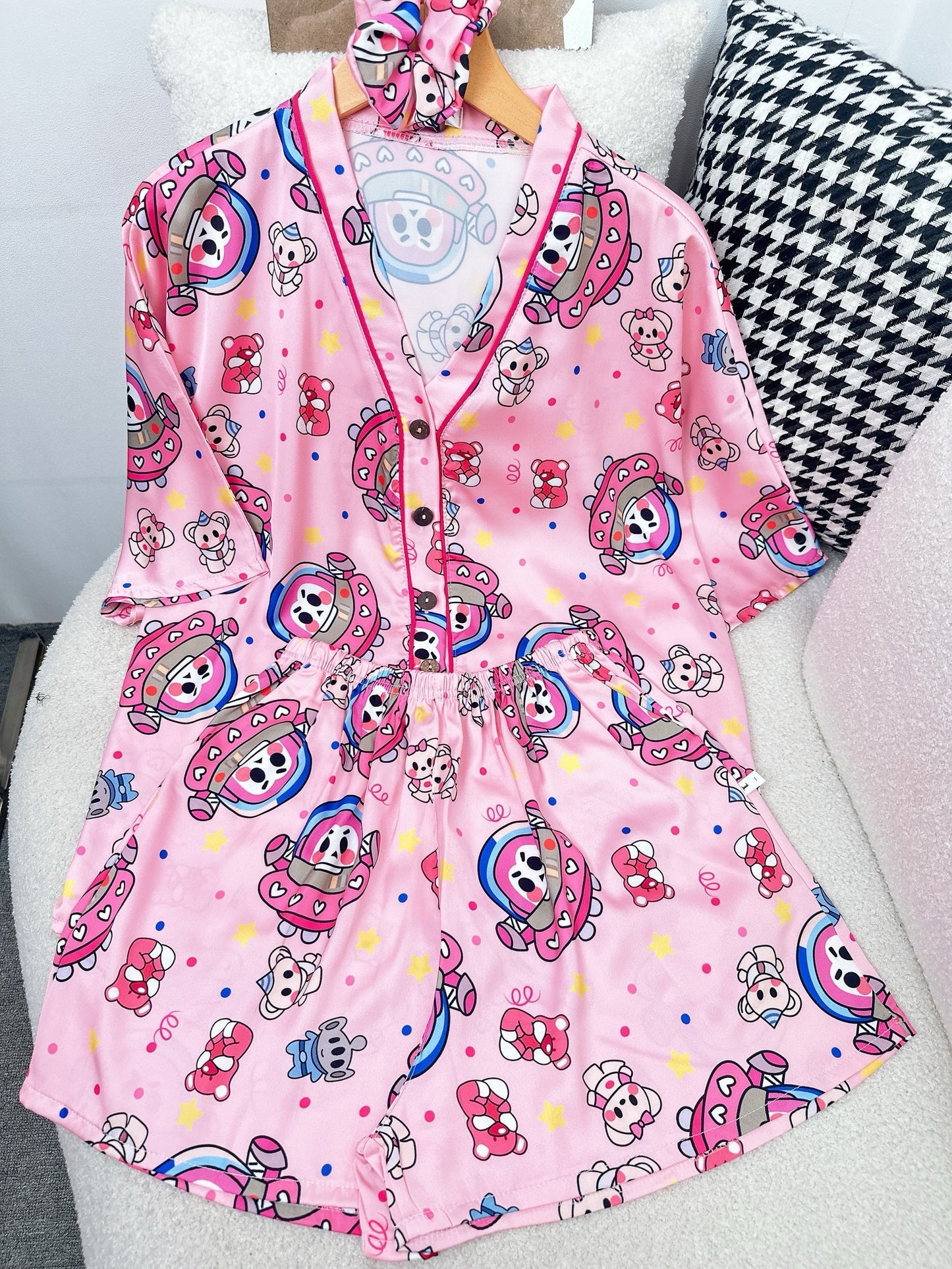 Pink Mad Bear Spaceship V Neck Satin Pajama Short Set