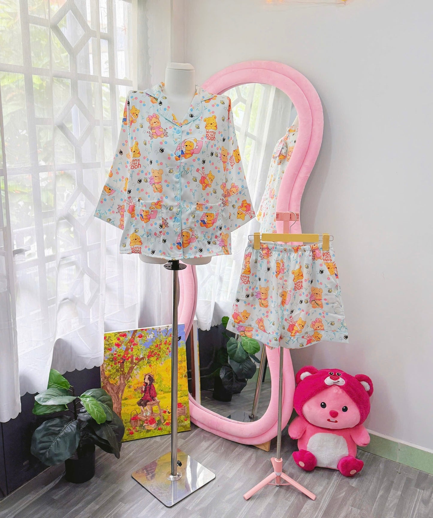 Mini Pooh Satin Pajama Mid-Length Sleeve Short Set