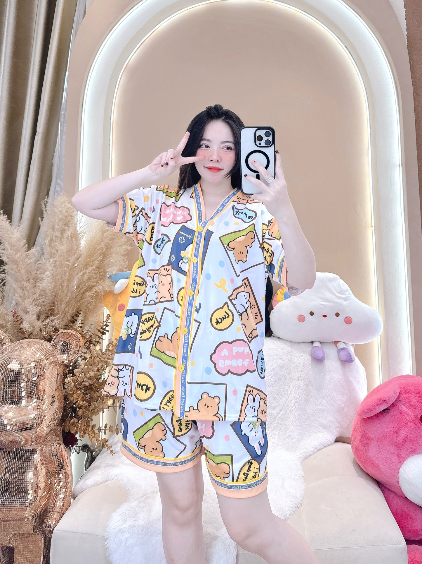 Bear and Bunny Friends 3D Cotton Pajama Short Set