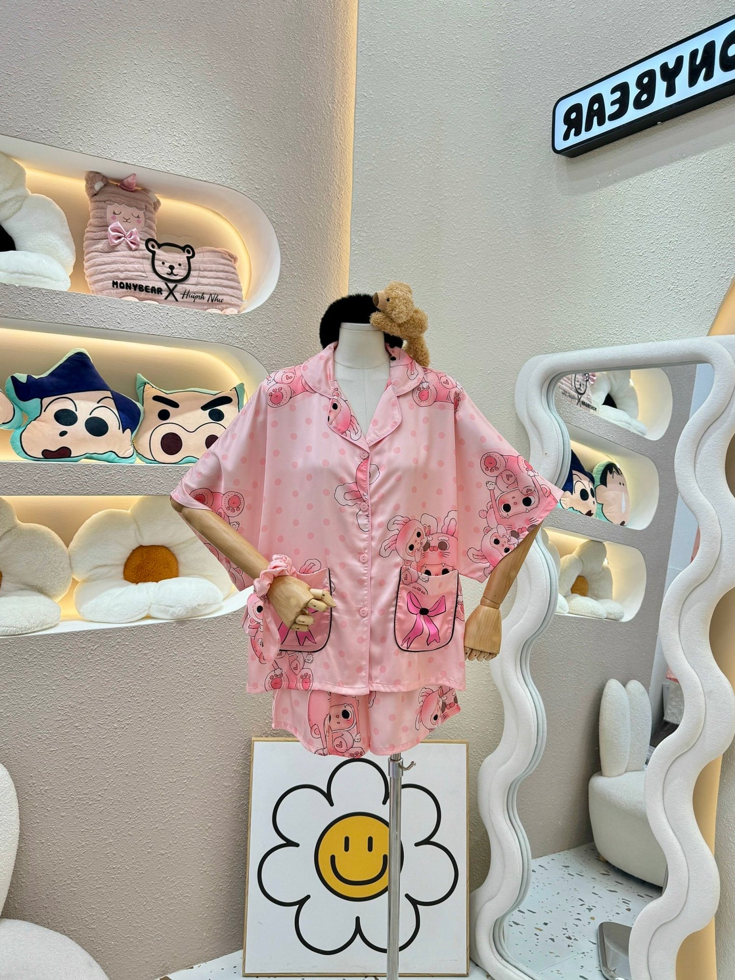 Pink Bunny Girl Satin Pajama Short Set