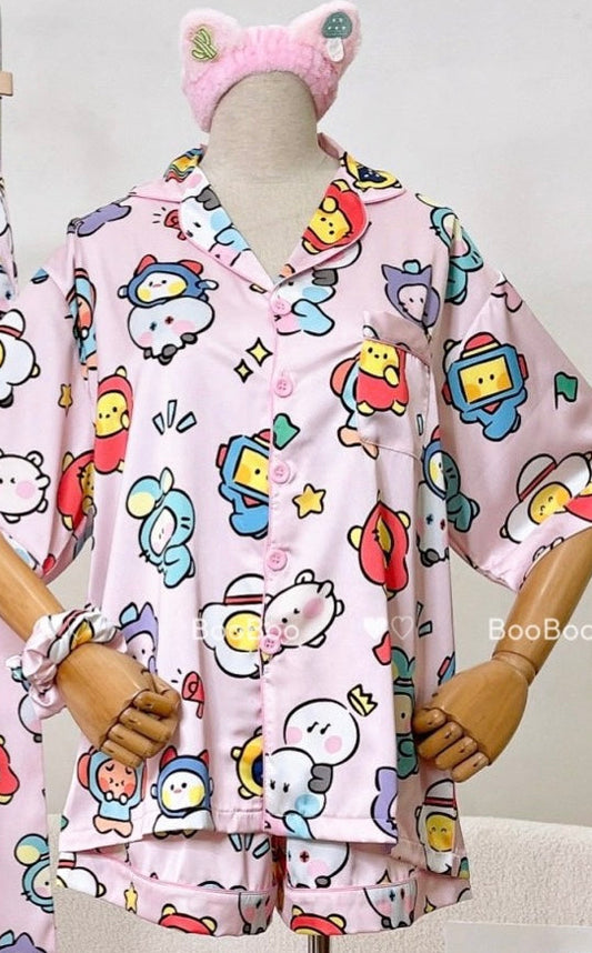 Pink Mini Robots Satin Pajama Short Set