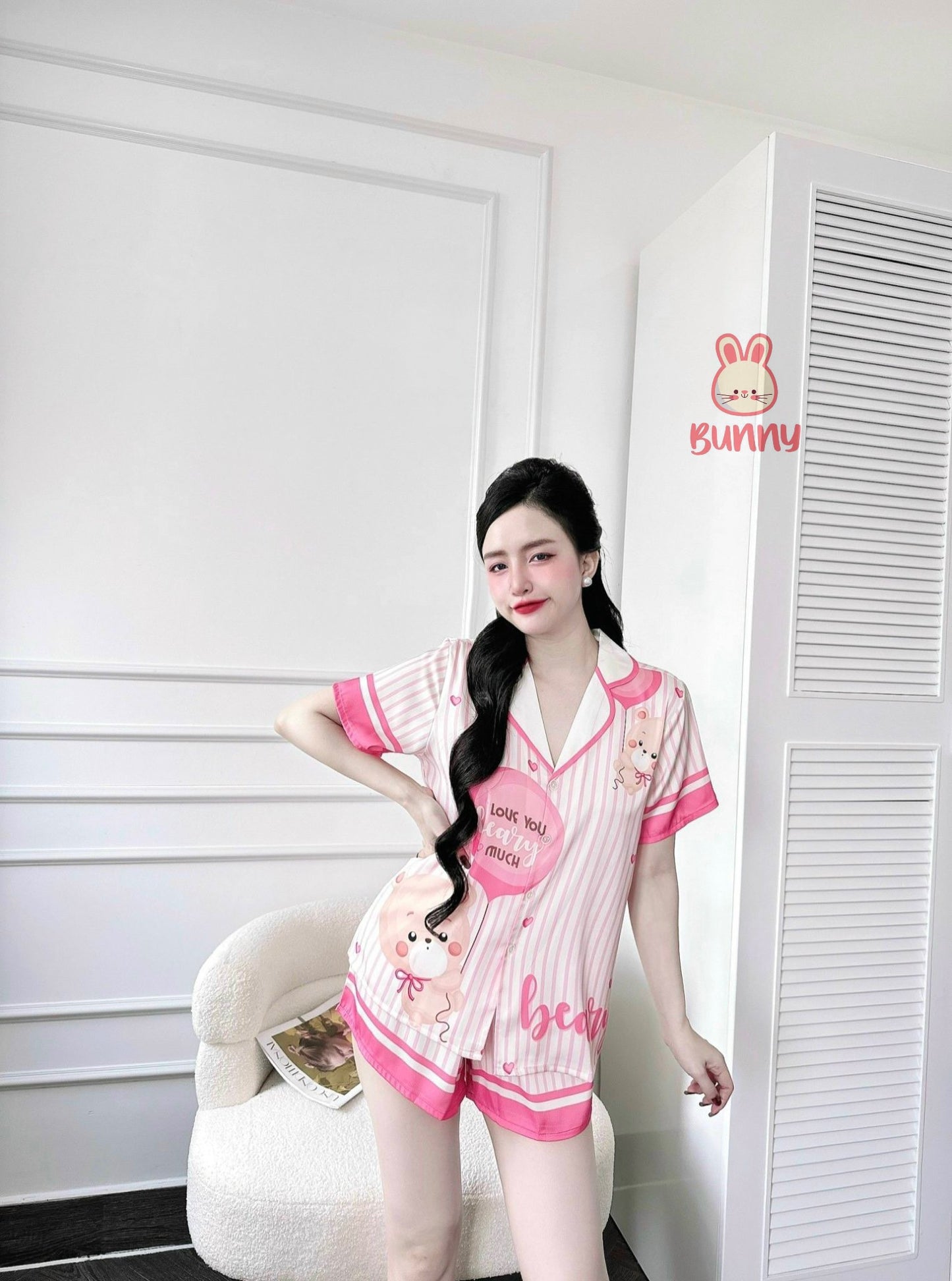 Bear with Balloon Pink Stripe Satin Pajama Short Set