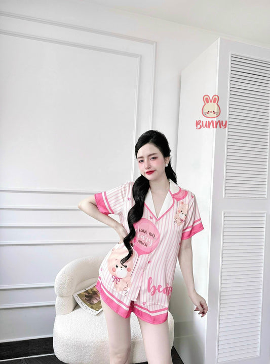 Bear with Balloon Pink Stripe Satin Pajama Short Set