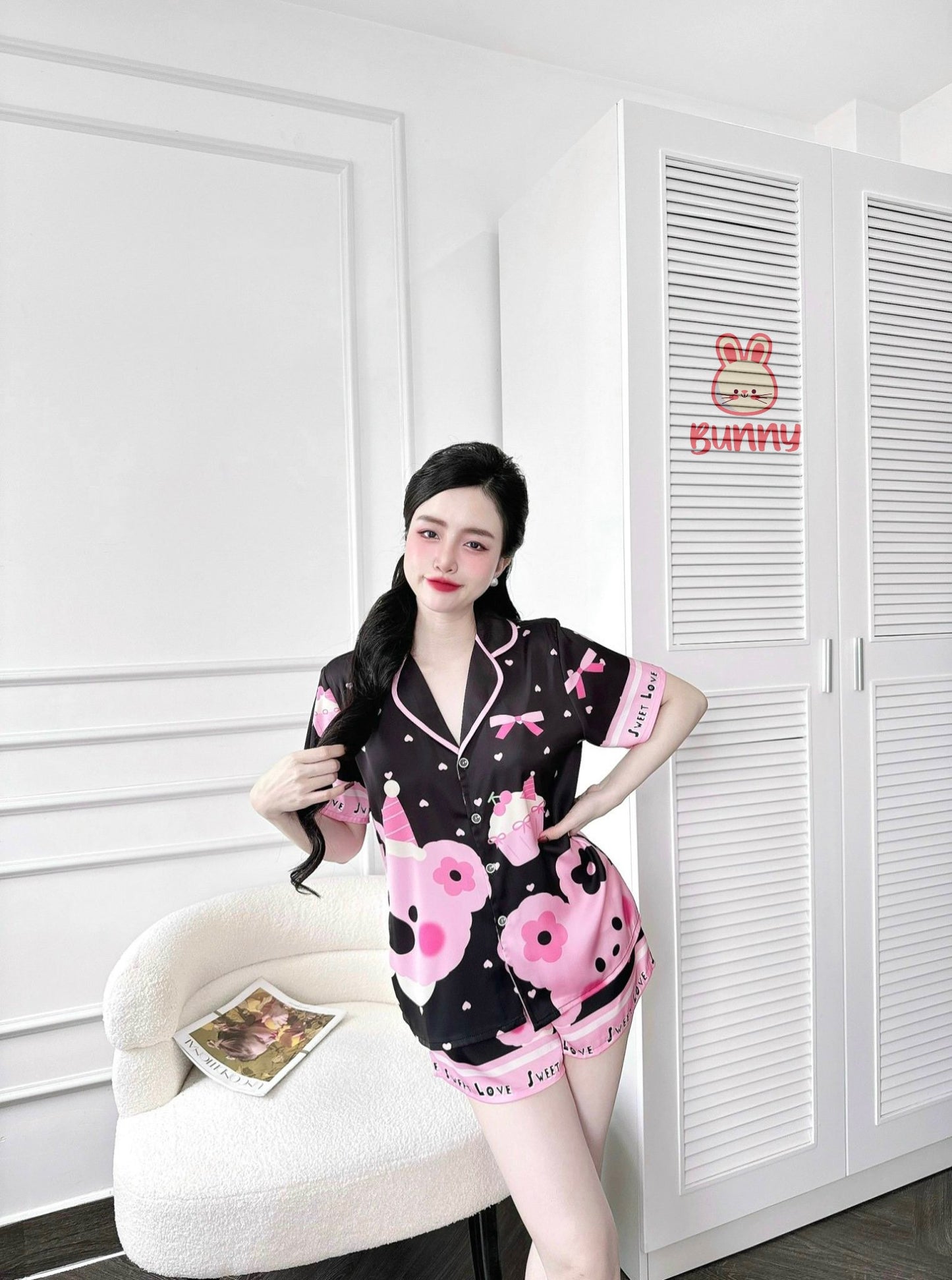 Pink Bunny and Cupcake Satin Pajama Short Set