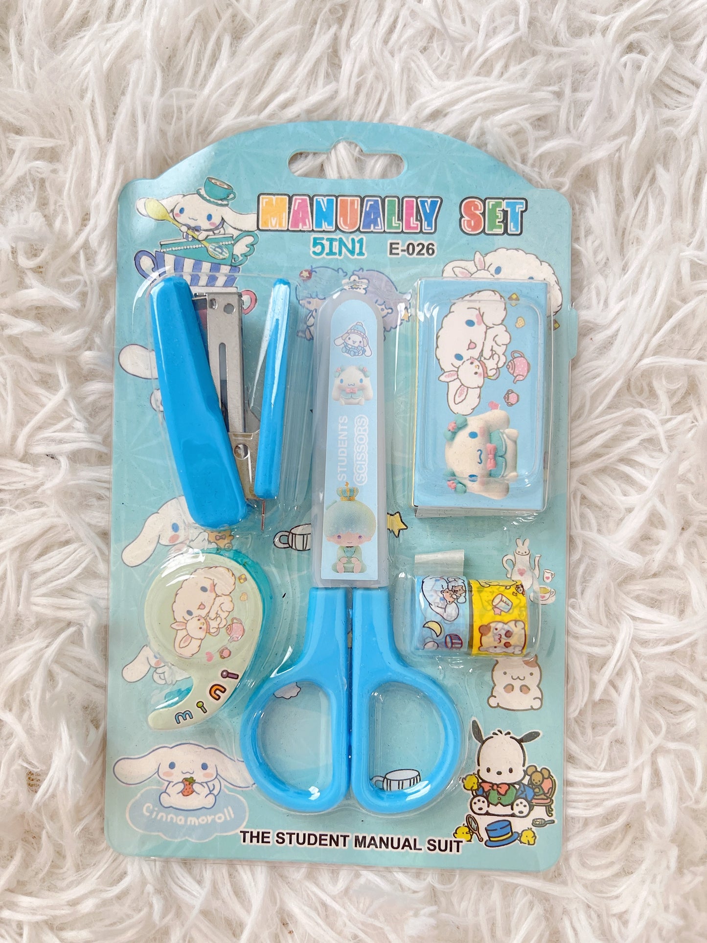 Cute Kawaii Sanrio Characters 5 in 1 Student Stationery Set, Scissors, Stapler, Pompompurin, My Melody, Cinnamoroll, Kuromi, Back To School