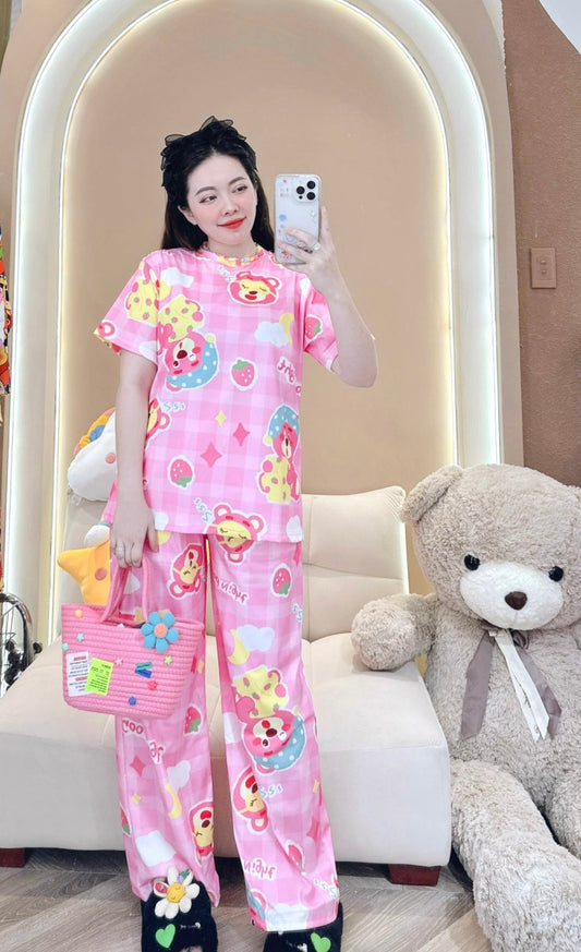Pink Bear Ribbed Cotton Pajama Short Sleeve