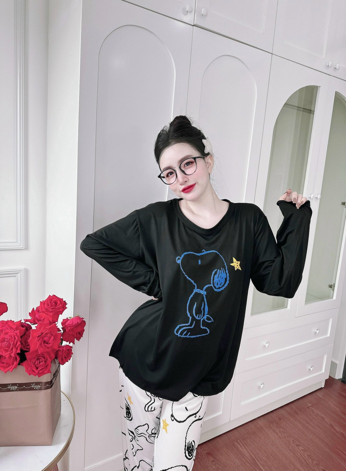 Black Snoopy Cotton Long Sleeve