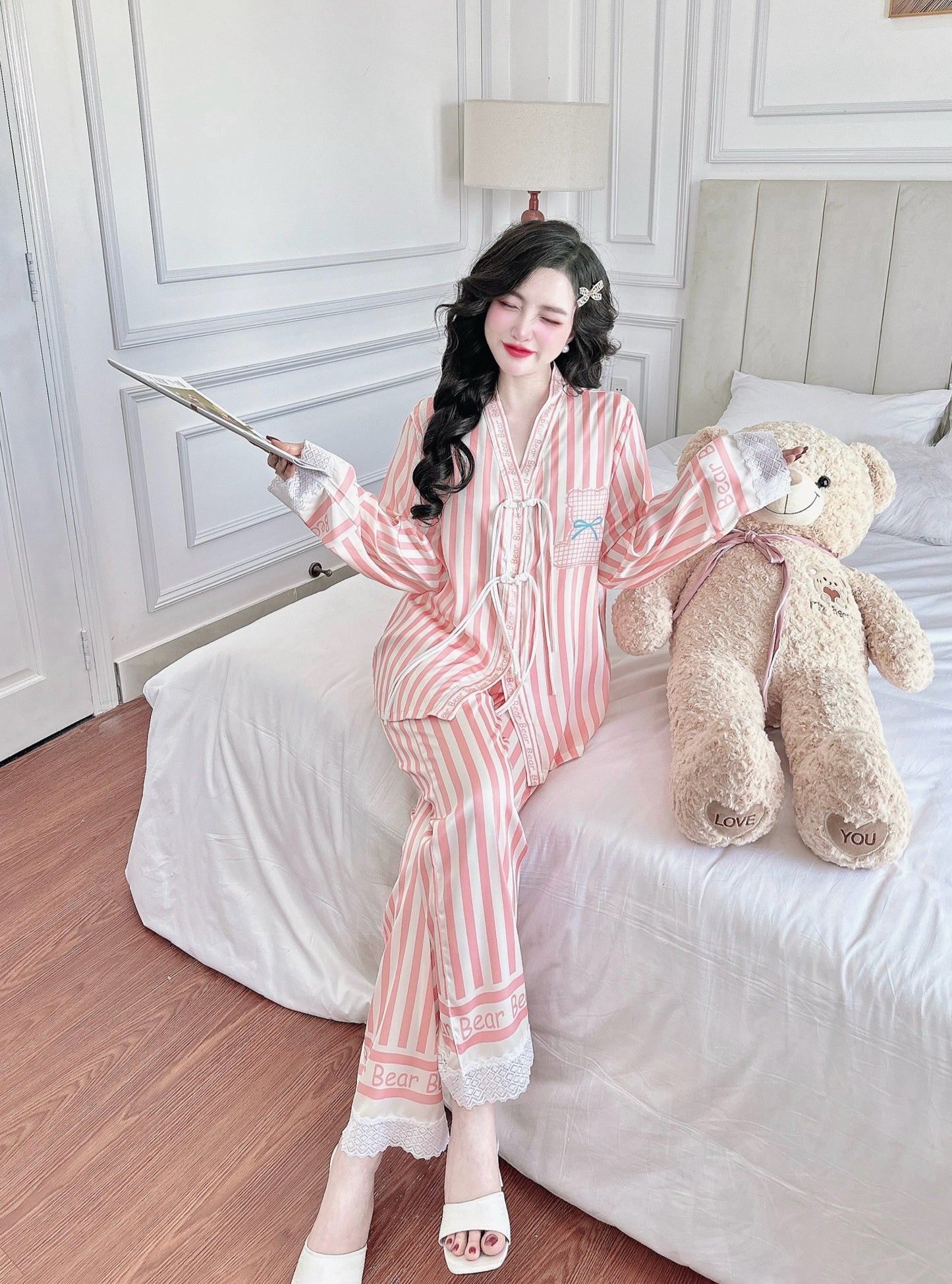 Petite Coral Stripe Bear Satin Pajama Long Sleeve