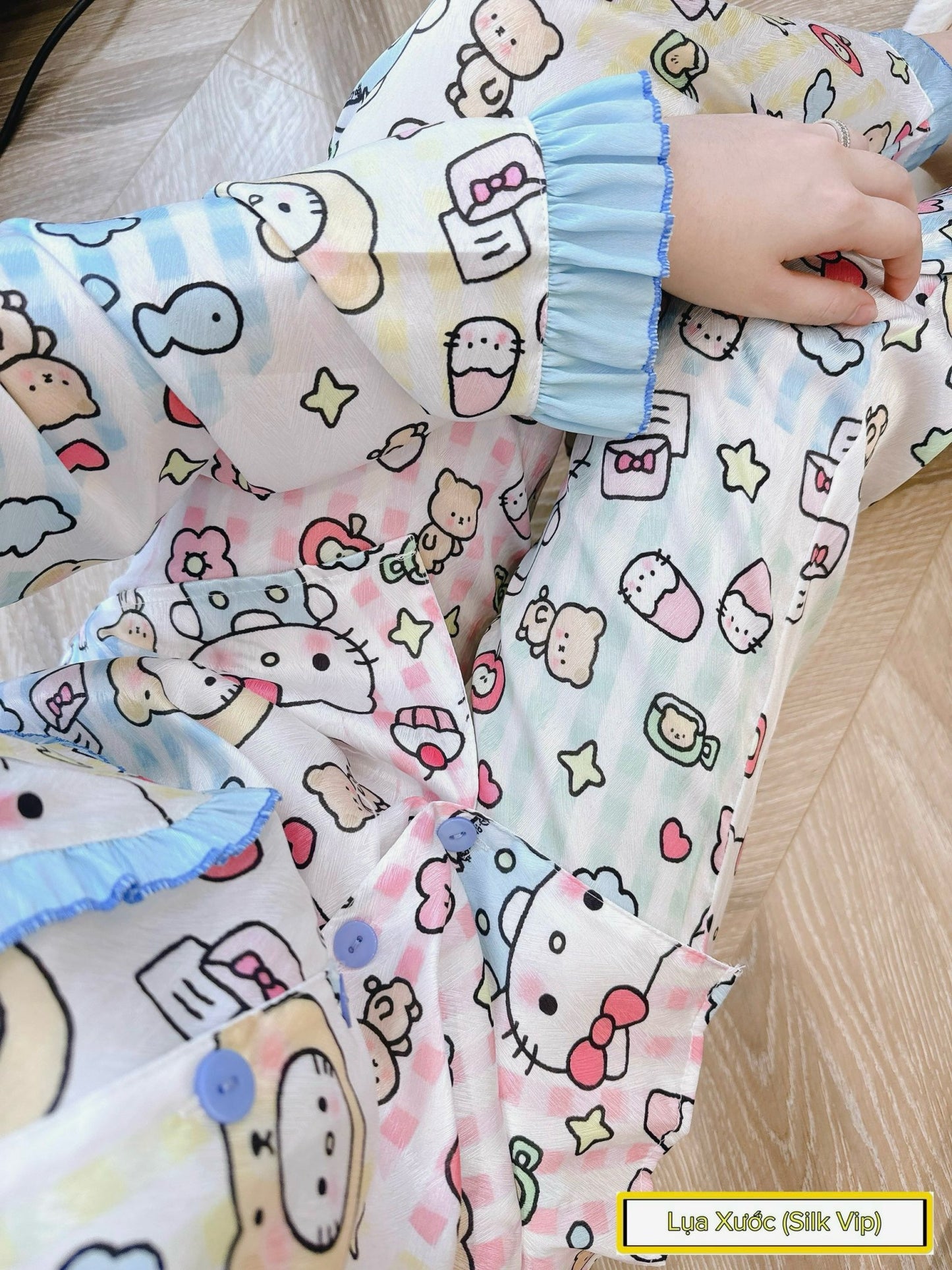 Pastel Blue Hello Kitty with Ruffle Detail Satin Pajama Long Sleeve