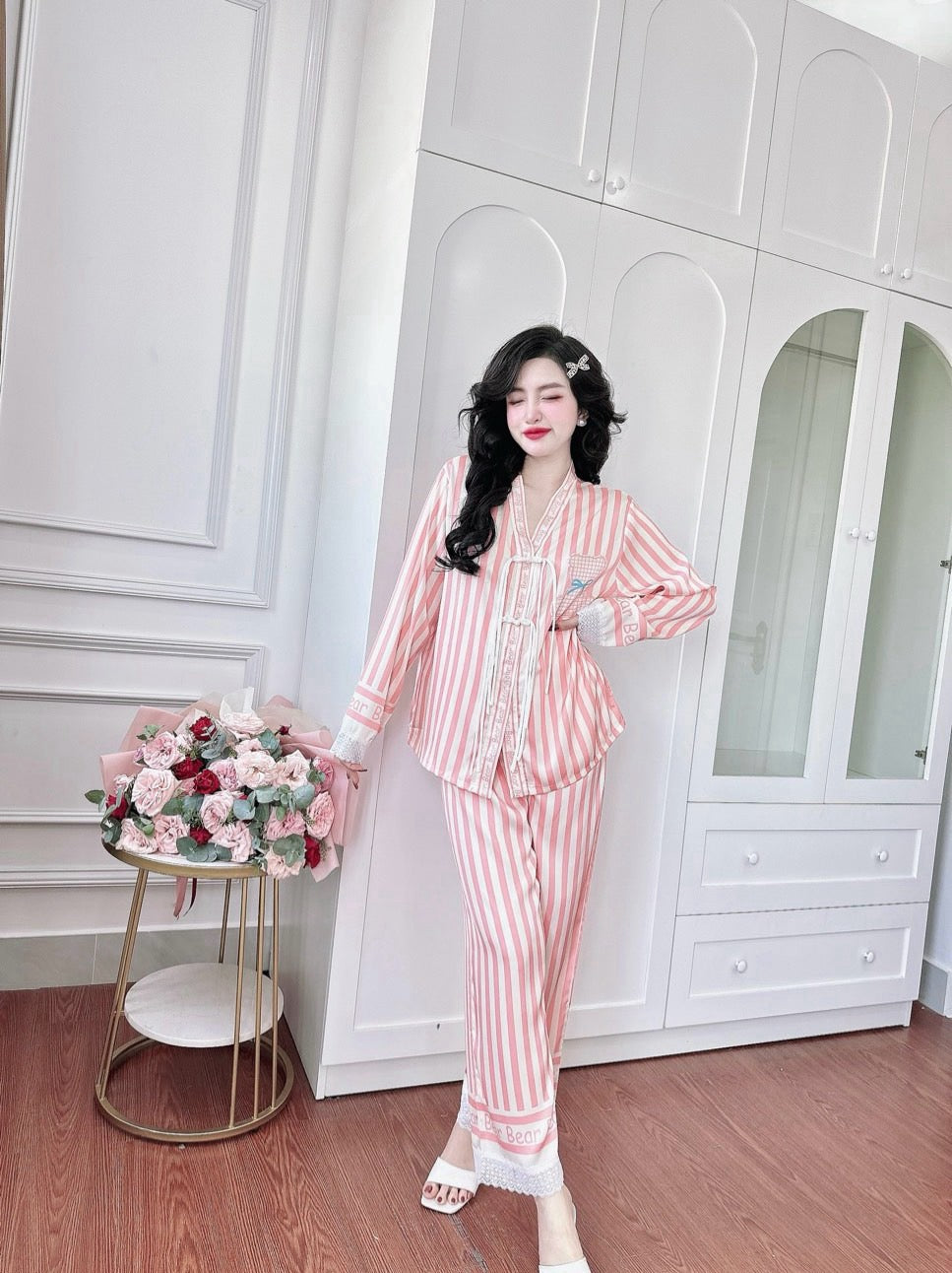 Petite Coral Stripe Bear Satin Pajama Long Sleeve