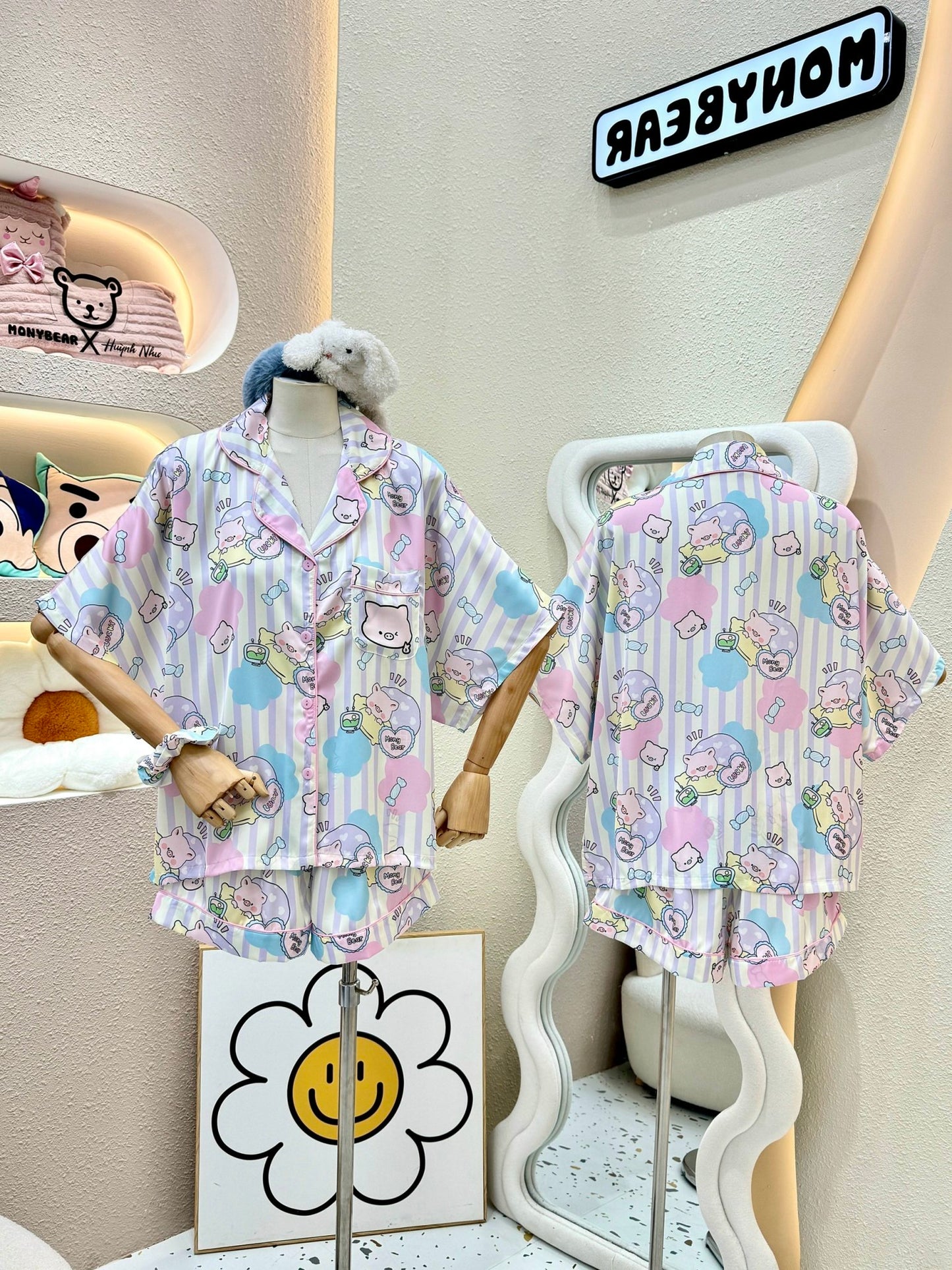 Purple Stripe Cotton Candy Sleeping Pig Satin Pajama Short Set