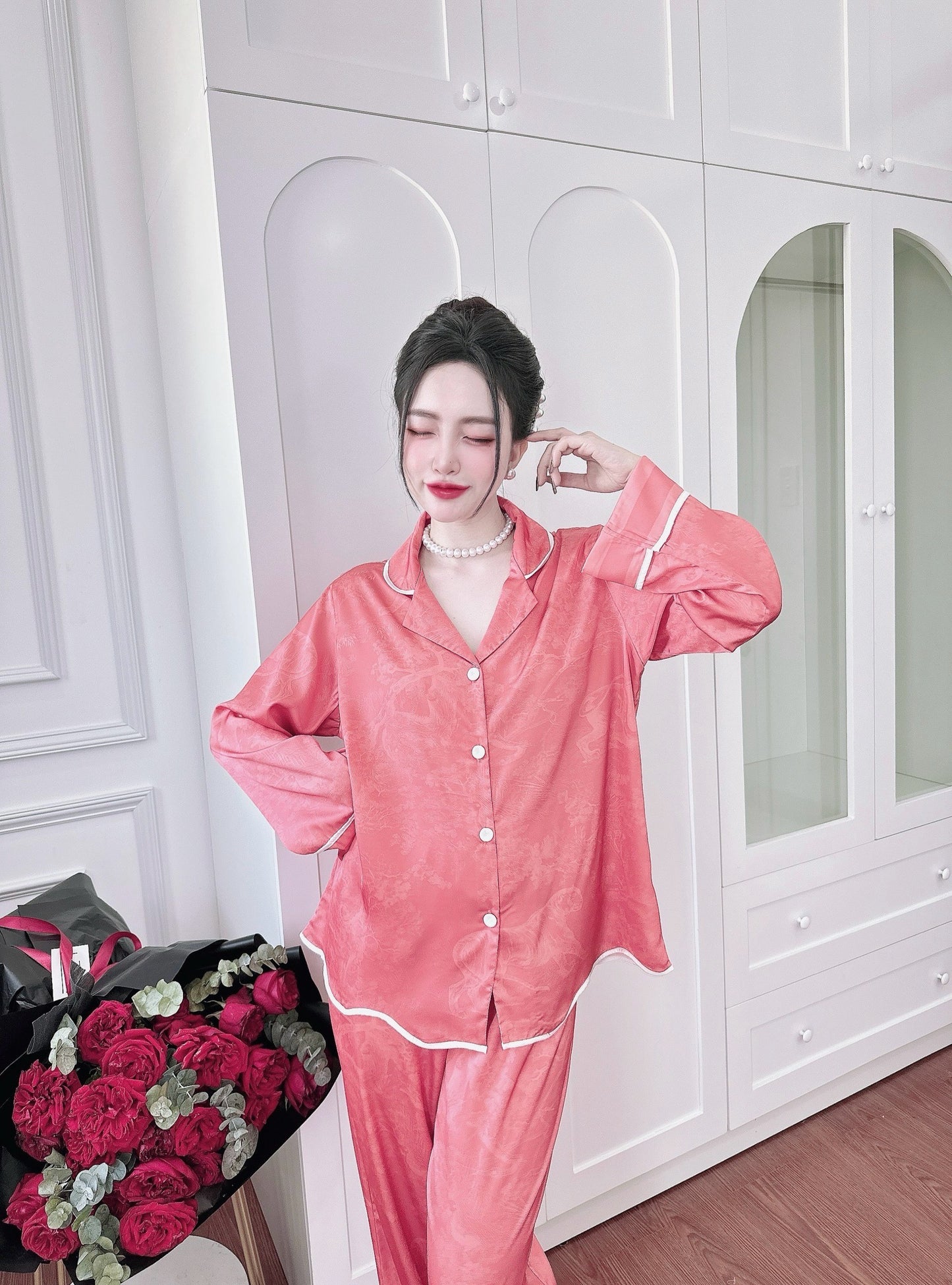 Coral Designer Inspired Satin Pajama Long Sleeve