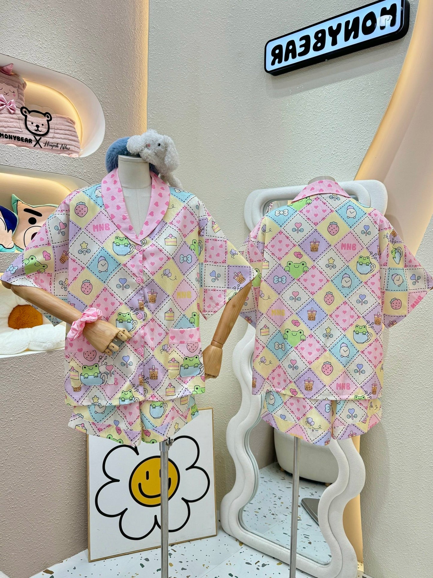 Pastel Frog Bubble Tea Satin Pajama Short Set