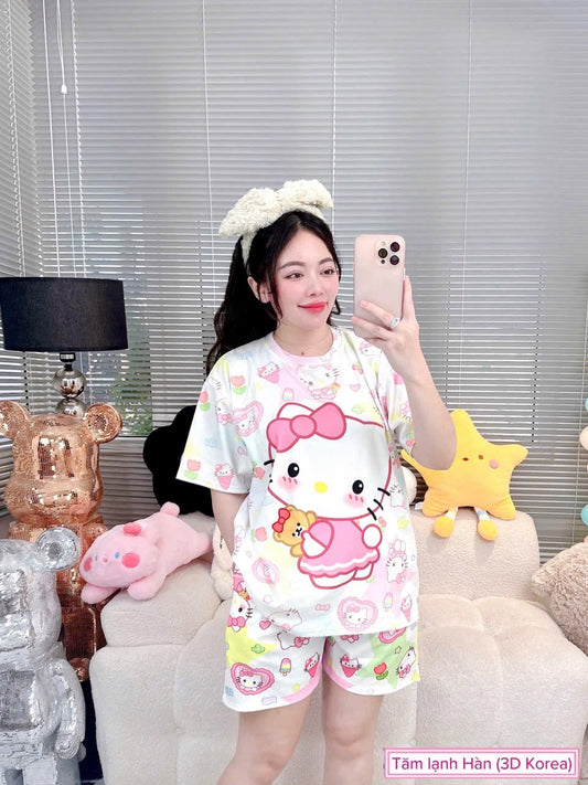 Pink Hello Kitty Ribbed Cotton Pajama Short Set
