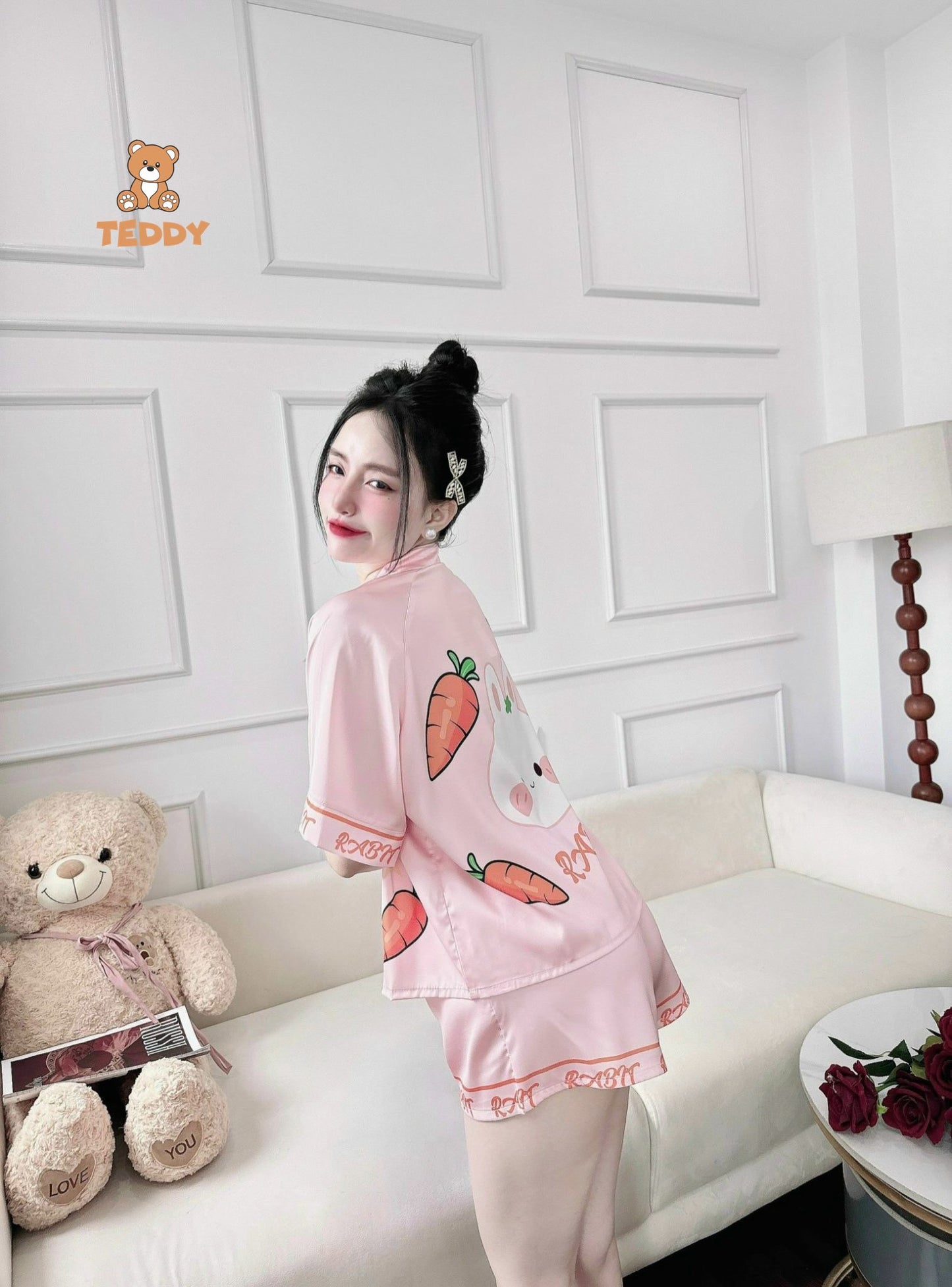Petite Cute Bunny and Carrot Satin Short Set (Up to 130lbs)