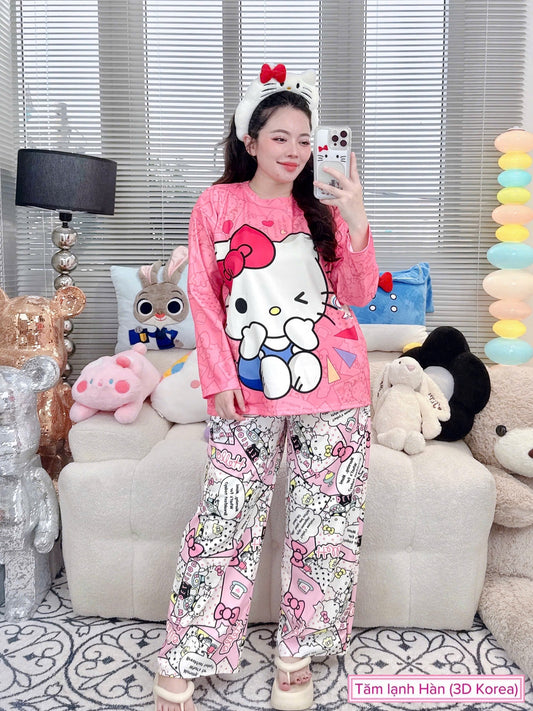 Cute Hello Kitty Ribbed Cotton Pajama Long Sleeve