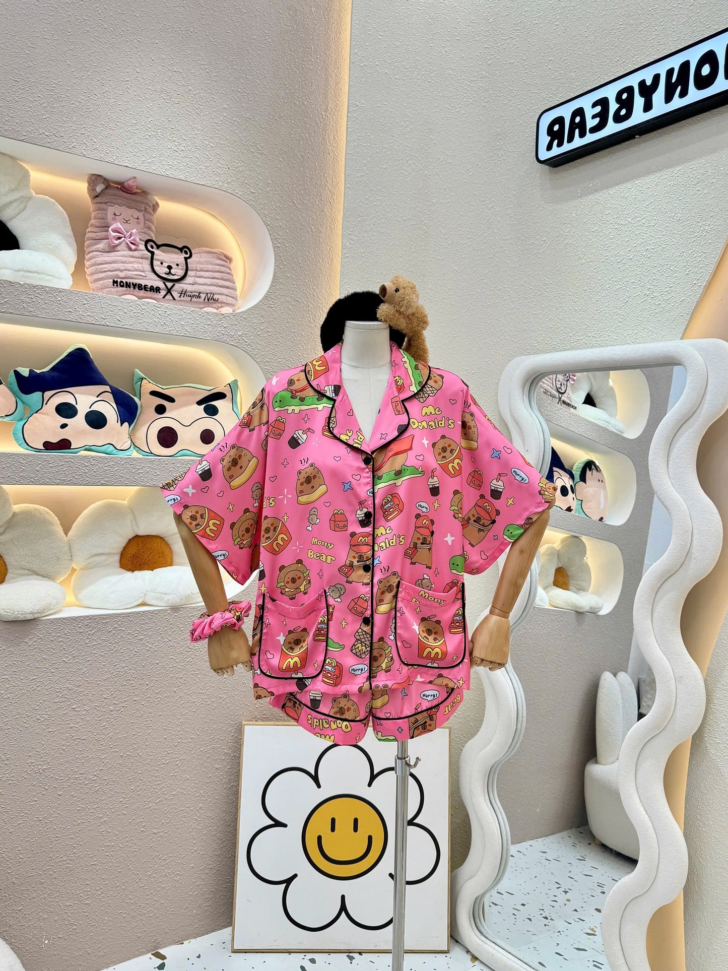 Pink McDonald Capybara Satin Pajama Short Set