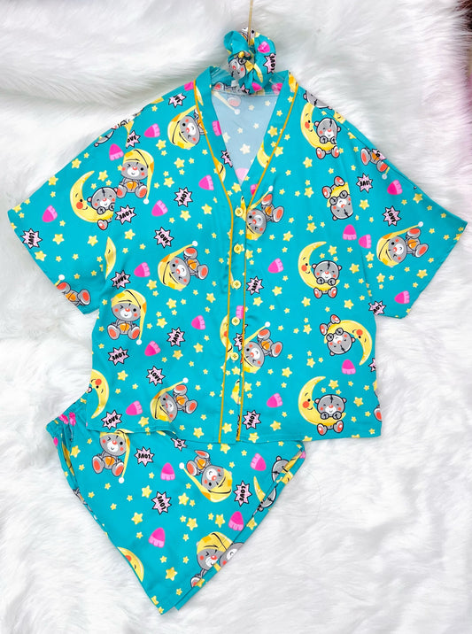 Teal Moon Star and Bear Satin V Neck Pajama Short Set