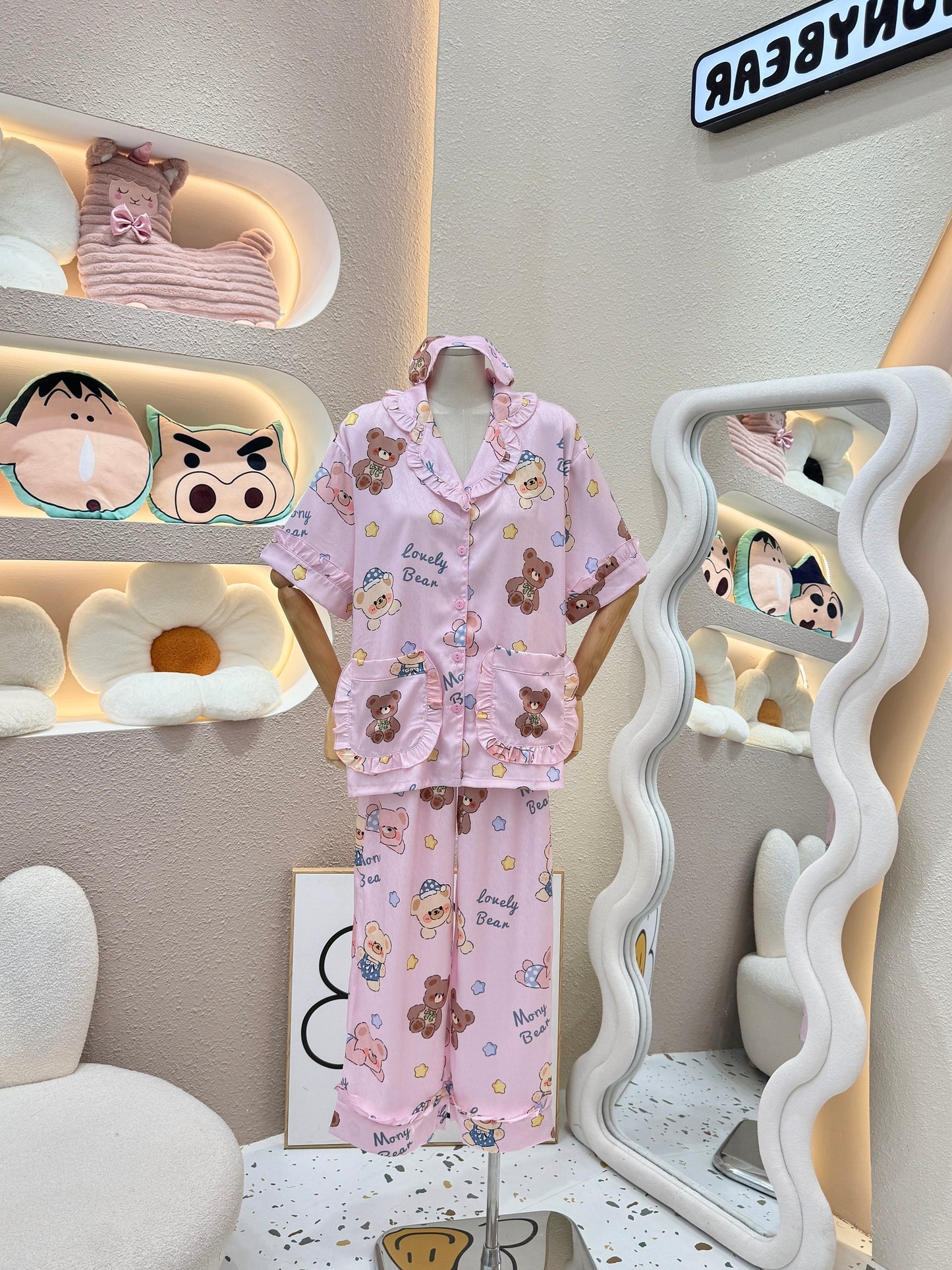 Pink Bear Satin Pajama Short Sleeve