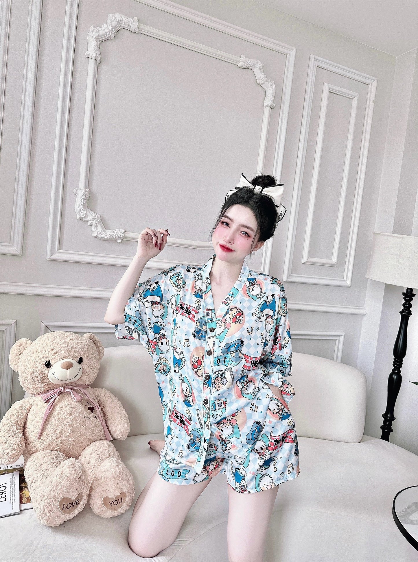 Blue Checkered Japanese Anime Character Satin Pajama Short Set