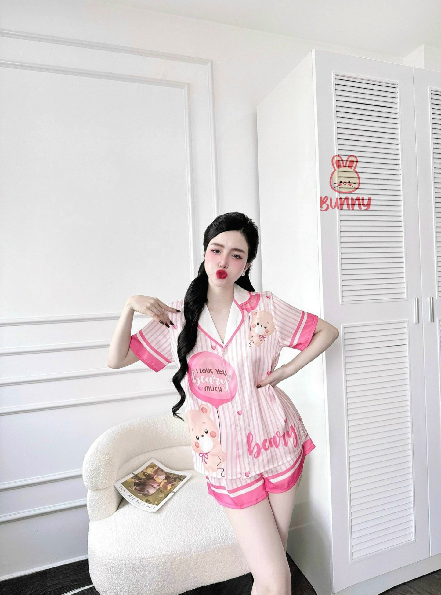 Bear with Balloon Pink Stripe Satin Pajama Short Set