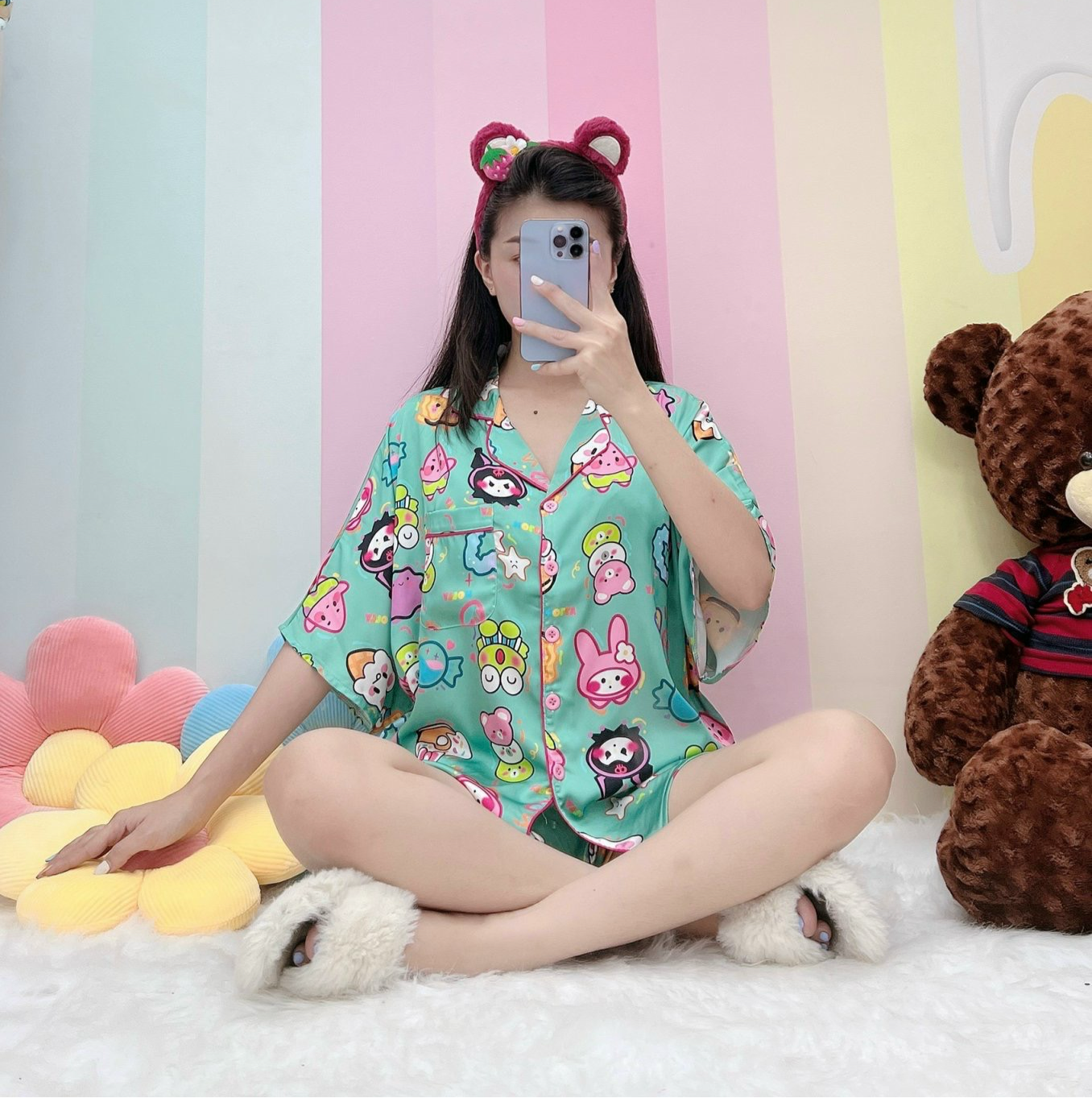 Green Sanrio Satin Pajama Short Set