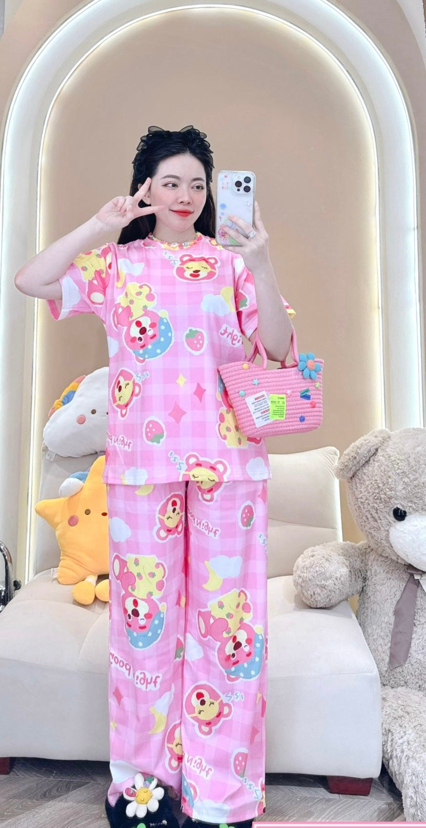 Pink Bear Ribbed Cotton Pajama Short Sleeve