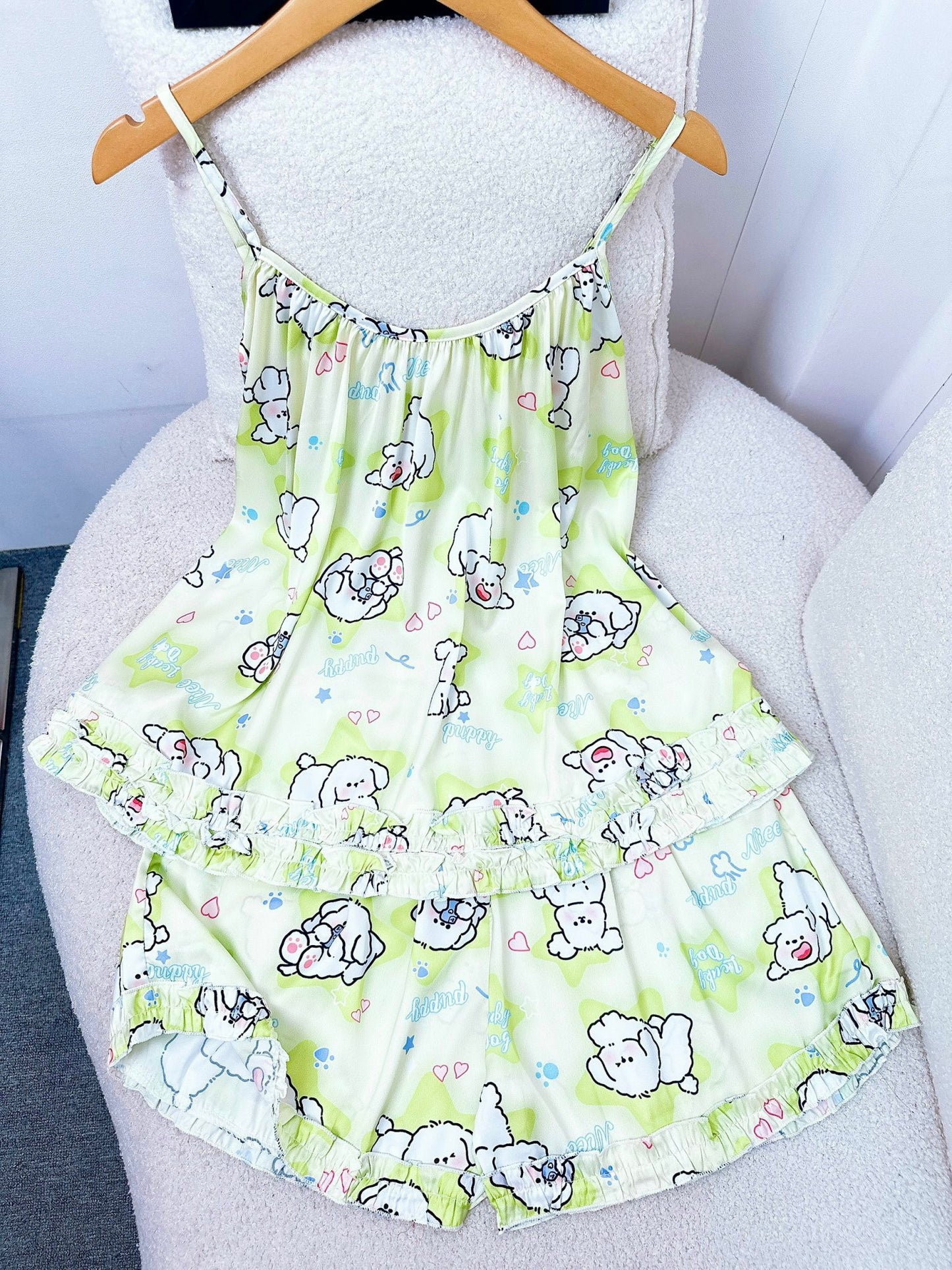 Green Puppy Satin Tank Top Pajama Short Set