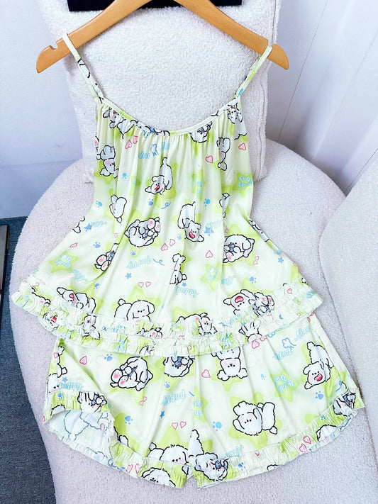 Green Puppy Satin Tank Top Pajama Short Set