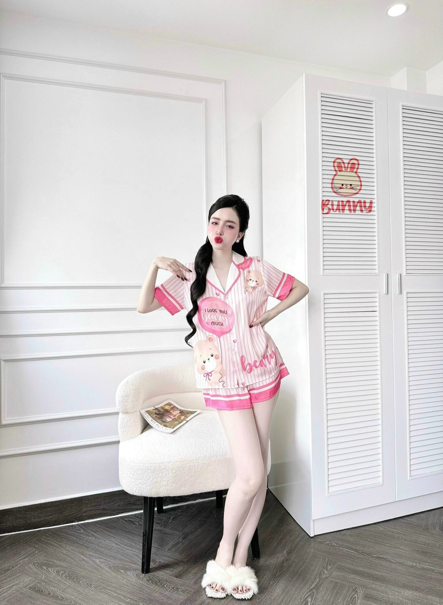 Bear with Balloon Pink Stripe Satin Pajama Short Set