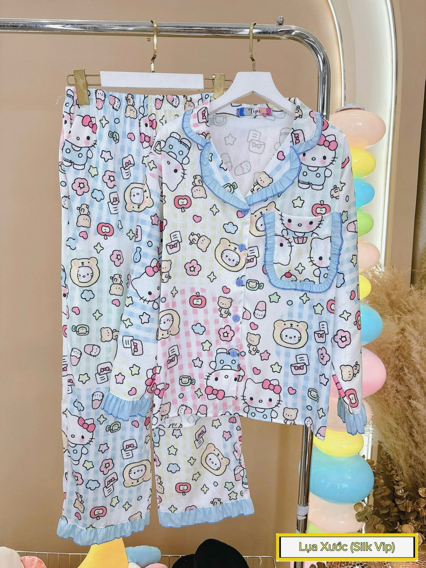 Pastel Blue Hello Kitty with Ruffle Detail Satin Pajama Long Sleeve