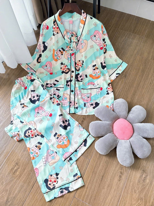 Mint Cry Baby Satin V Neck Pajama Short Sleeve