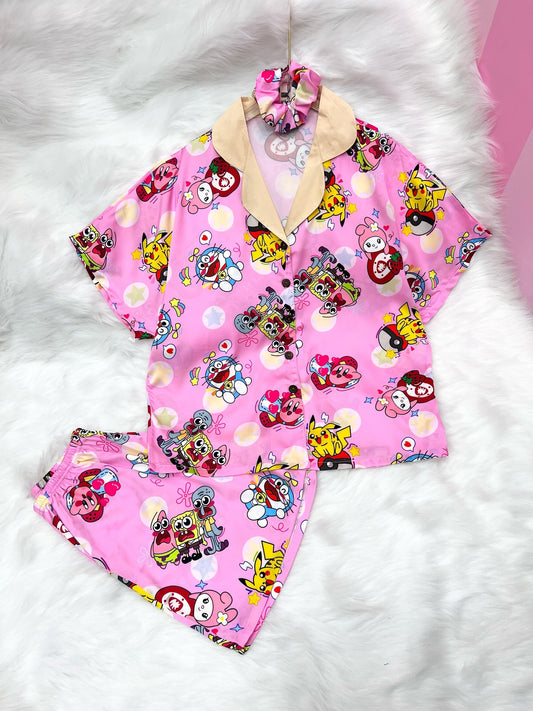 Pink Cartoon Characters Satin Pajama Short Set