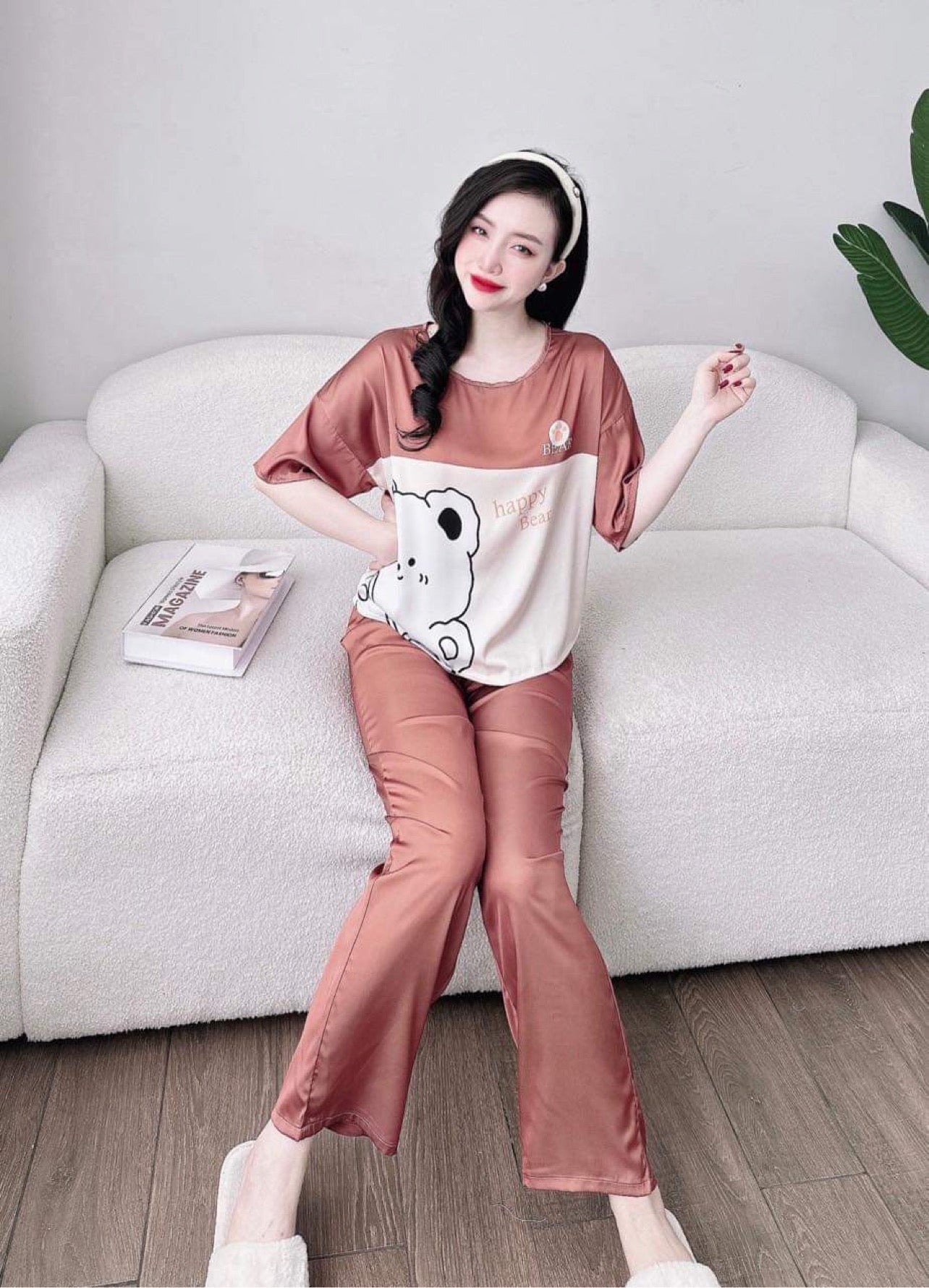 Petite Cute Bear Pattern Satin Pajama Short Sleeve (Up to 130lbs)
