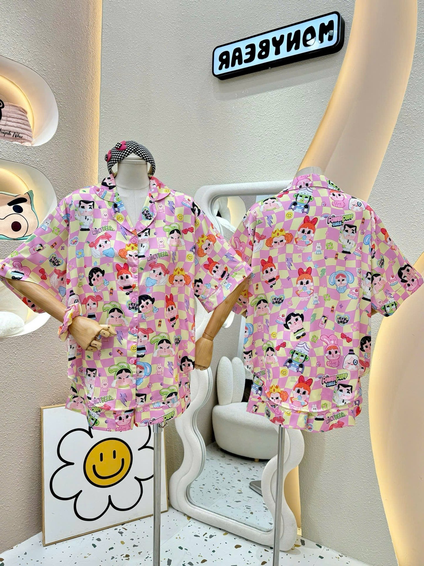 Pink Checkered Popmart Cry Baby Satin Pajama Short Set