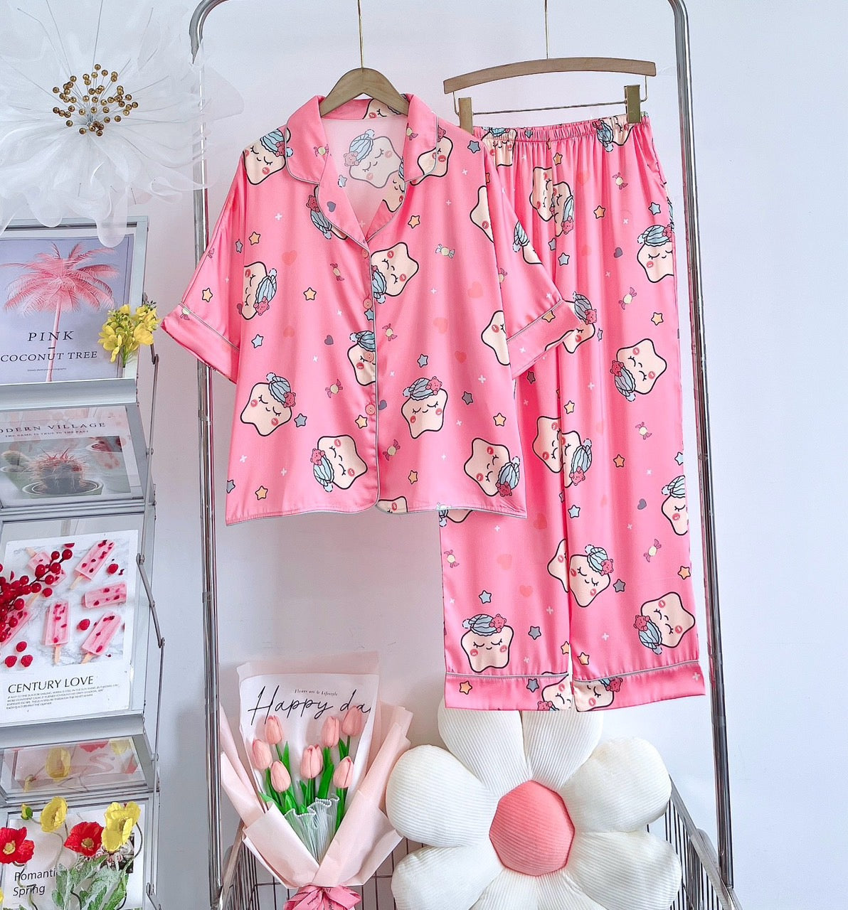 Sleepy Stars Satin Pajama Short Sleeve