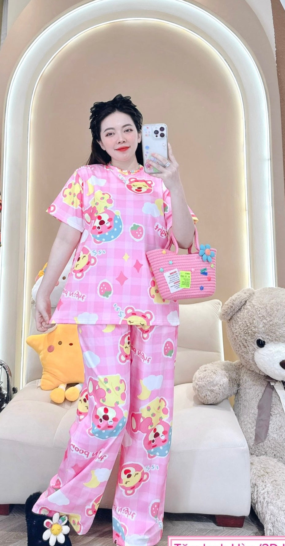 Pink Bear Ribbed Cotton Pajama Short Sleeve