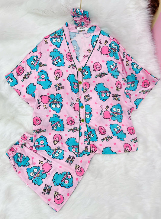 Pink Hangyodon Satin Pajama Short Set